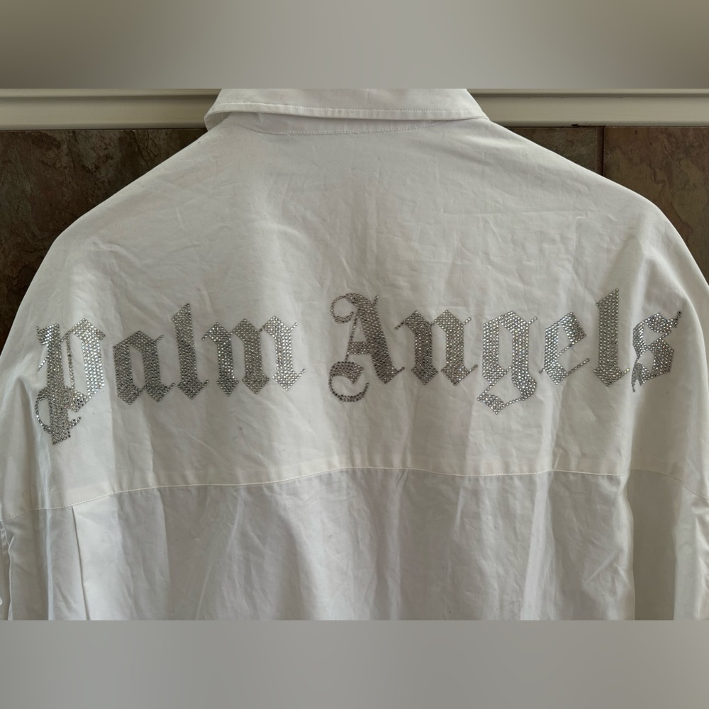 Palm Angels oversized elongated white gemstone back logo button down shirt